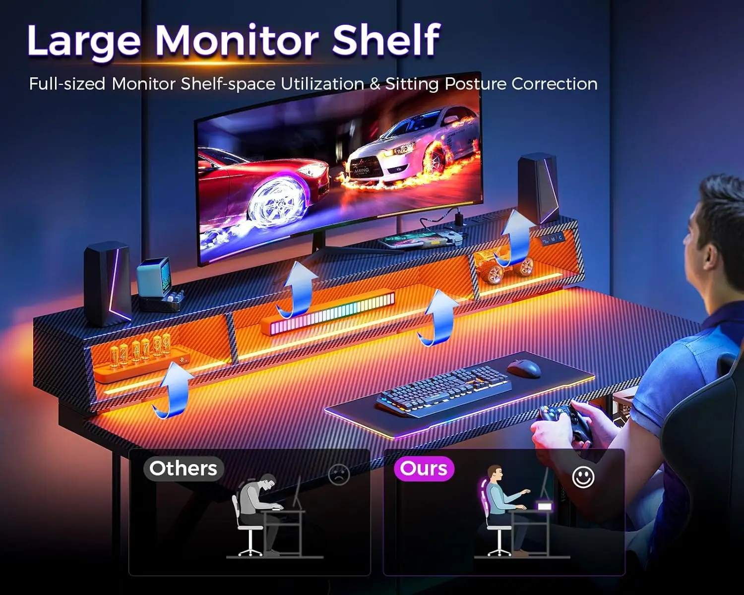 40 inch Gaming Desk with LED Lights & Power Outlets, Small Computer Gaming Table with Float Monitor Stand, Kids Boys Desk 4