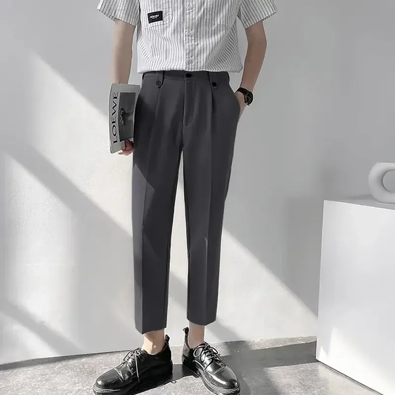 thumbnail image 1 of Pantalones holgados y elásticos para hombre, pantalones de oficina rectos y recortados, ropa de trabajo elástica fluida, vestido de estilo coreano, 1 of 5