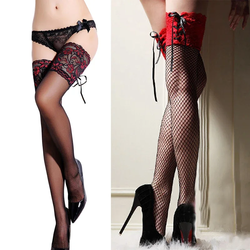 

Female Ladies Hollow Mesh Nets Fishnet Pantyhose Sexy Lingerie Erotic Women's Rhinestone Stockings Lace Top Thigh High Stockings
