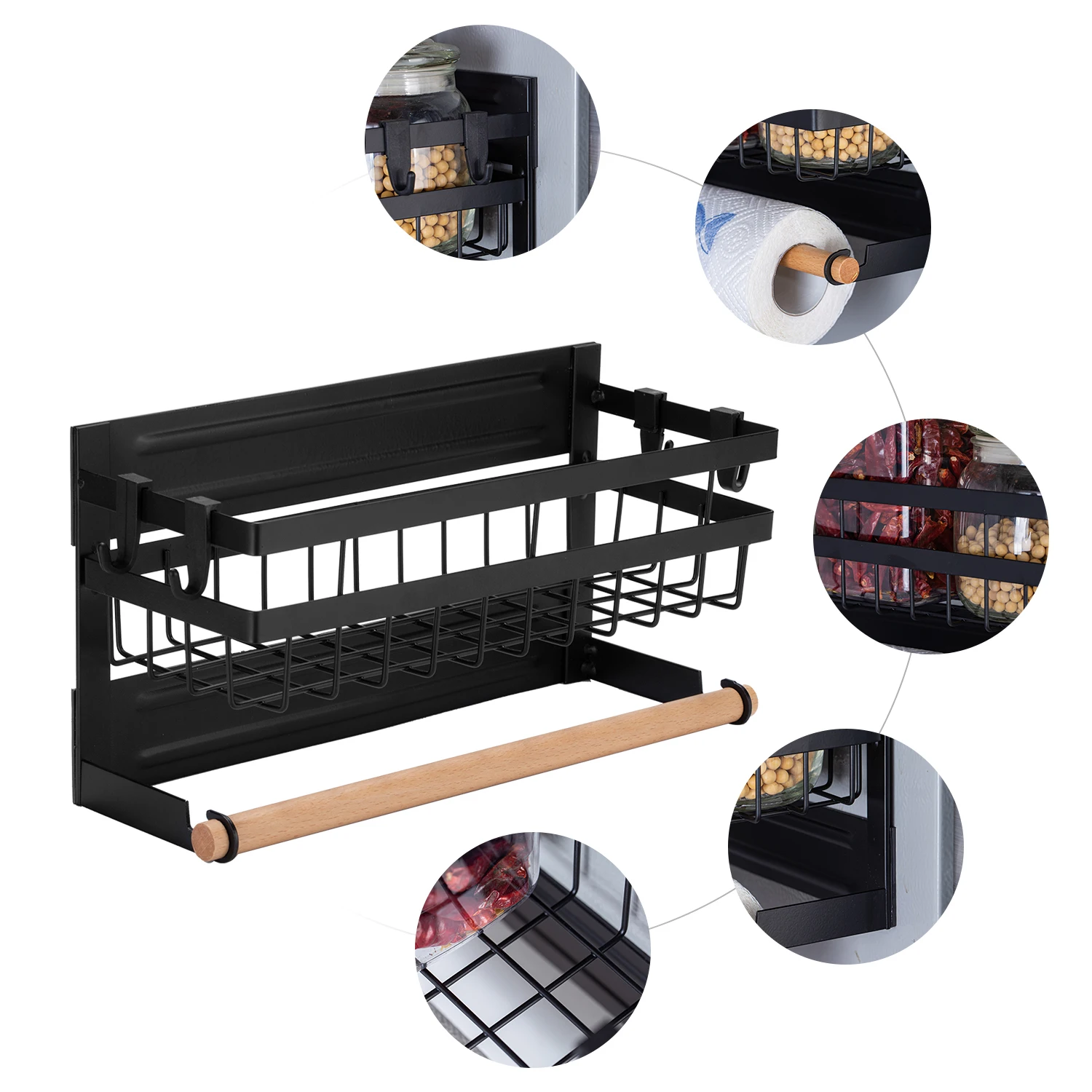 Magnetic Spice Rack for Refrigerator with Hook Paper Towel Holder Rustproof Spice Jars Rack Multi Use Refrigerator Side Shelf 3