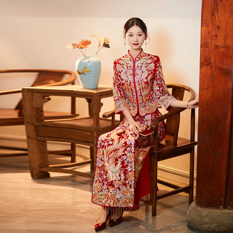Xiuhe Dress Bride Chinese Wedding Toast Slim Qipao Coat Dragon Phoenix Coat
