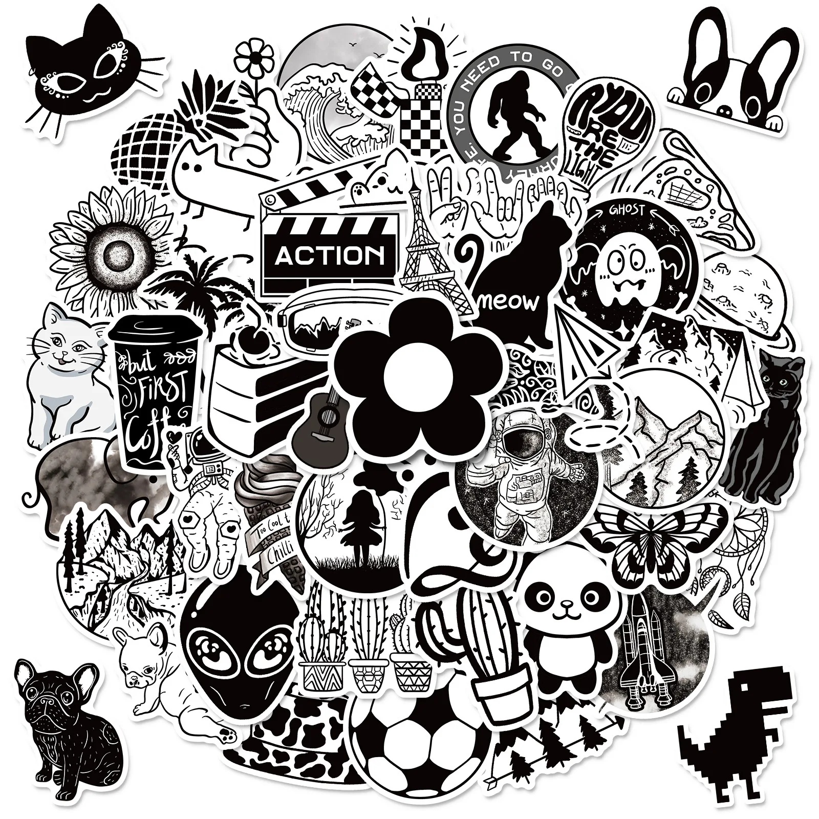 50 PCS Black And White Vsco Stickers For Chidren Toy Waterproof Sticker For  Suitcase Laptop Bicycle Phone Helmet Decals