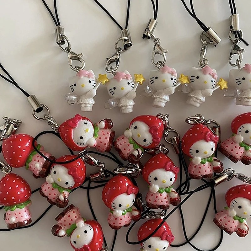 Kawaii Strawberry Hello Kitty Mobile Phone Chain Cartoon Cute Cat Keychain Backpack Pendant Decoration Friend Birthday Gift plush keychain key chain backpack decoration