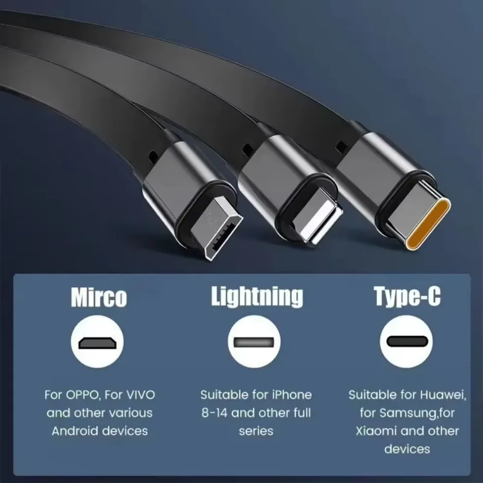 100W 3 In 1 Retractable USB Cable Super Fast Charging Cables PD Type C Micro Data Cable Cord For Android iPhone Huawei Samsung