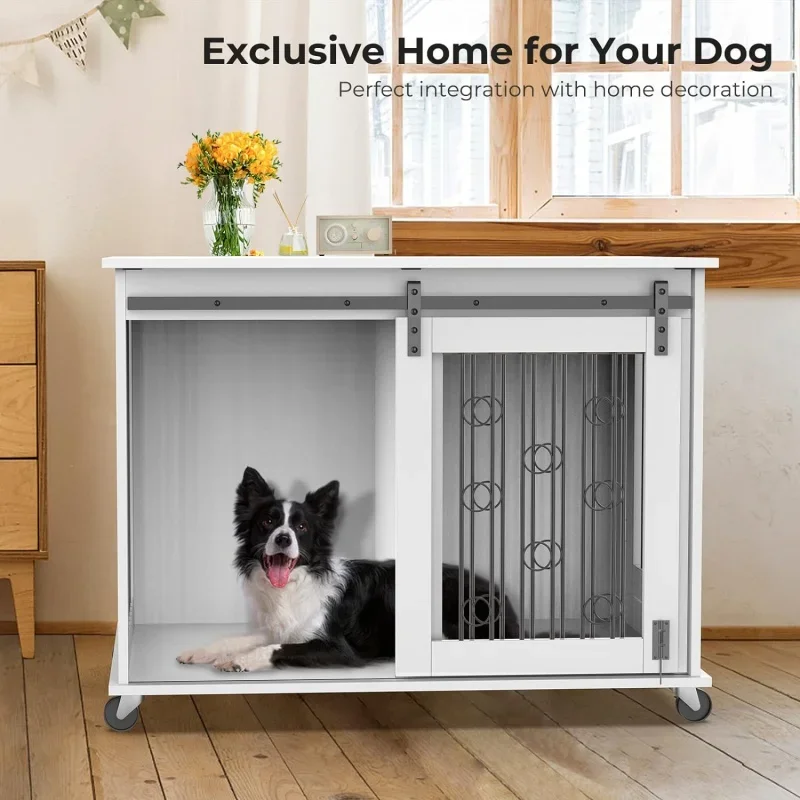 Dog Crate Furniture with Divider for 2 Small to Medium Pets, Wooden Cage End Table, Heavy Duty Indoor Puppy Kennel with Removabl
