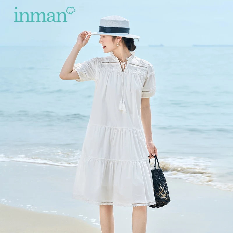 

INMAN Women Dress 2023 Summer Hollow Puff Sleeve Ruffled Lace Up V Neck Loose A-shaped 100% Cotton Casual White Pink Skirt