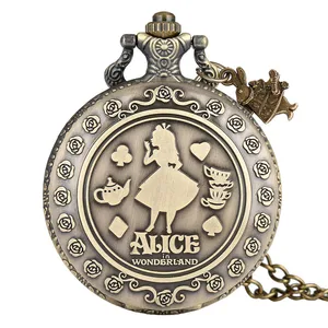 Classic Little Girl Design with Rabbit Accessory Women Lady Quartz Pocket Watch Bronze Timepiece with Sweater Necklace Chain