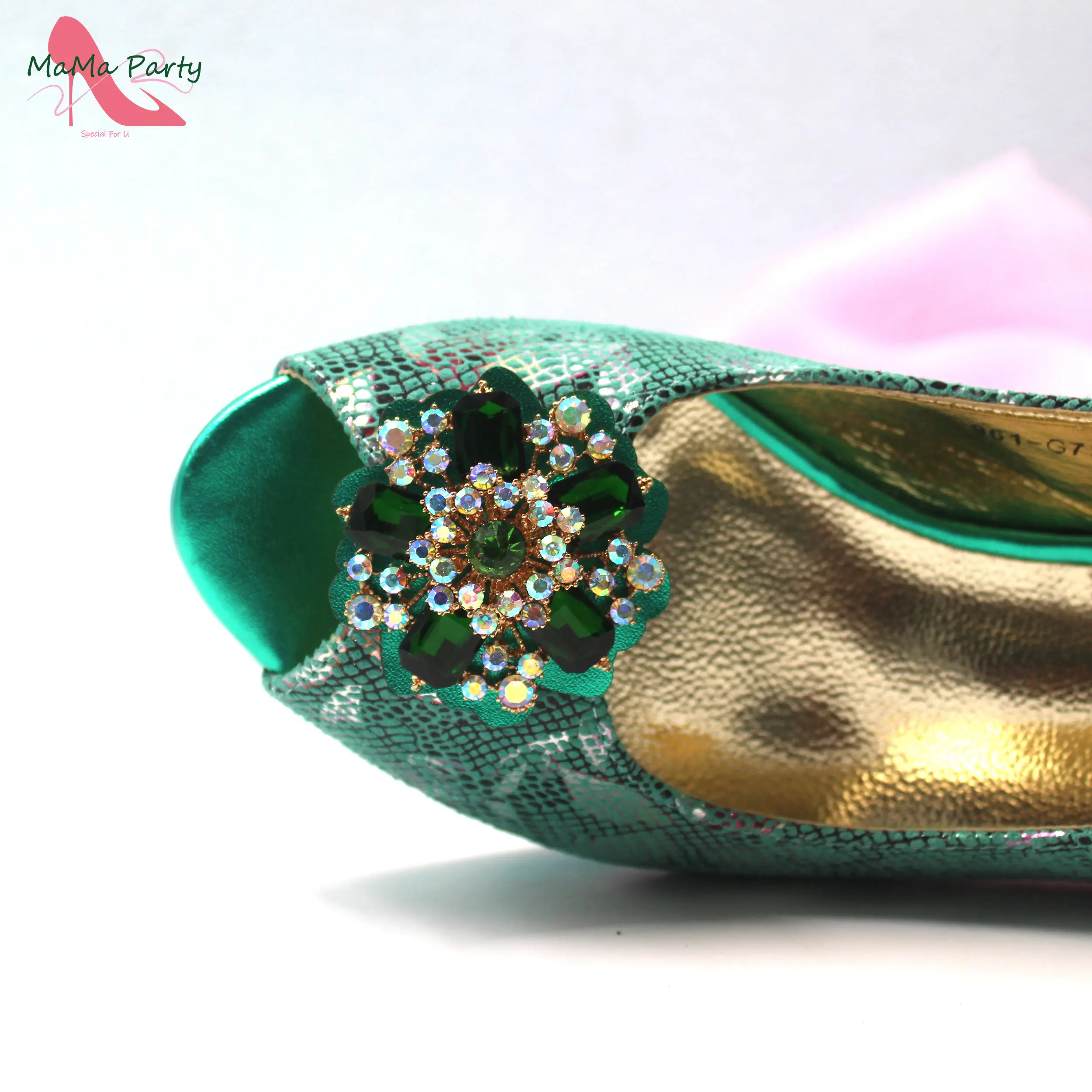 Comfortable Heels High Quality Peep Toe Italian Women Shoes Matching Bag Set in Green Color for Wedding Party