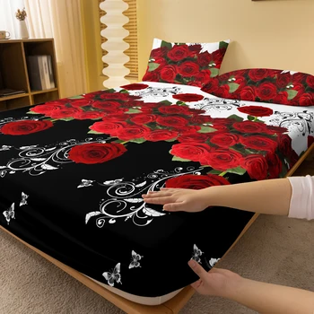 1 Simple modern Plant Flower Butterfly printed matte Fitted Sheet, bedroom printed bed cover, bedding (excluding pillowcases) 2