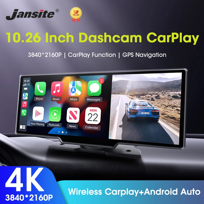 Jansite 차량용 DVR 무선 카플레이 및 안드로이드 자동 대시캠, GPS ..