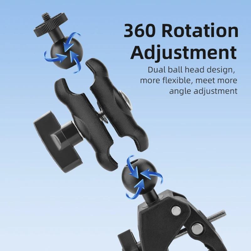 Support guidon vélo pour action cam avec une caméra Insta360 fixée, rotule 360° en aluminium pour une fixation universelle.