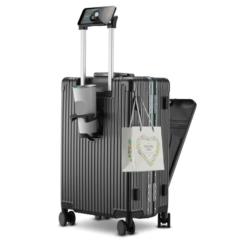 

Чемодан с передним отверстием, алюминиевый каркас, вращающийся чемодан, Спиннер, USB-держатель для чашки, подставка для телефона, переноска для кабины, дорожная сумка унисекс