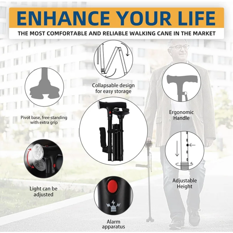 Folding Crutches Walking Cane With LED Light Adjustable Lightweight Collapsible Anti-Slip Walking Stick Old Men Crutch For older