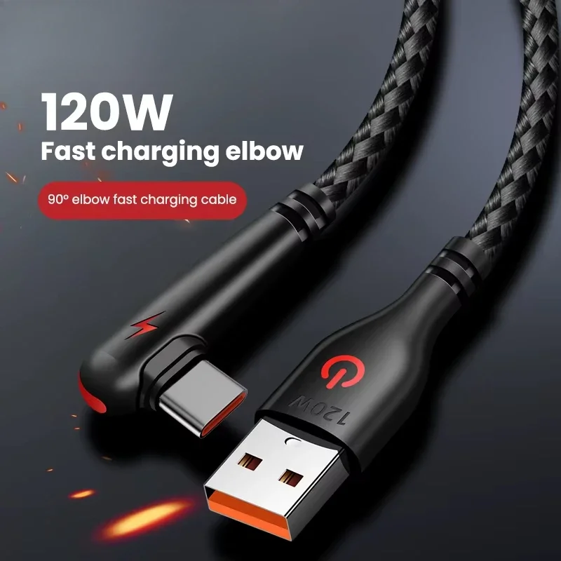 6A 120W 고속 충전 케이블 USB to Type C 퀵차징 충전기 코드 0.25m/1m/1.5m/2m 90도 엘보 USB-C 브레이디드 데이터 케이블