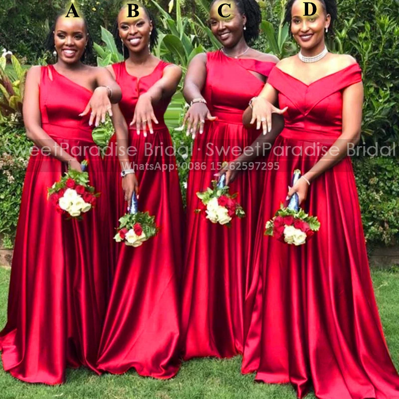 

A Line Long Bridesmaid Dresses Off Shoulder Sleeveless Plus Size Women Pleat Red Satin Wedding Party Dress Maid Of Honor