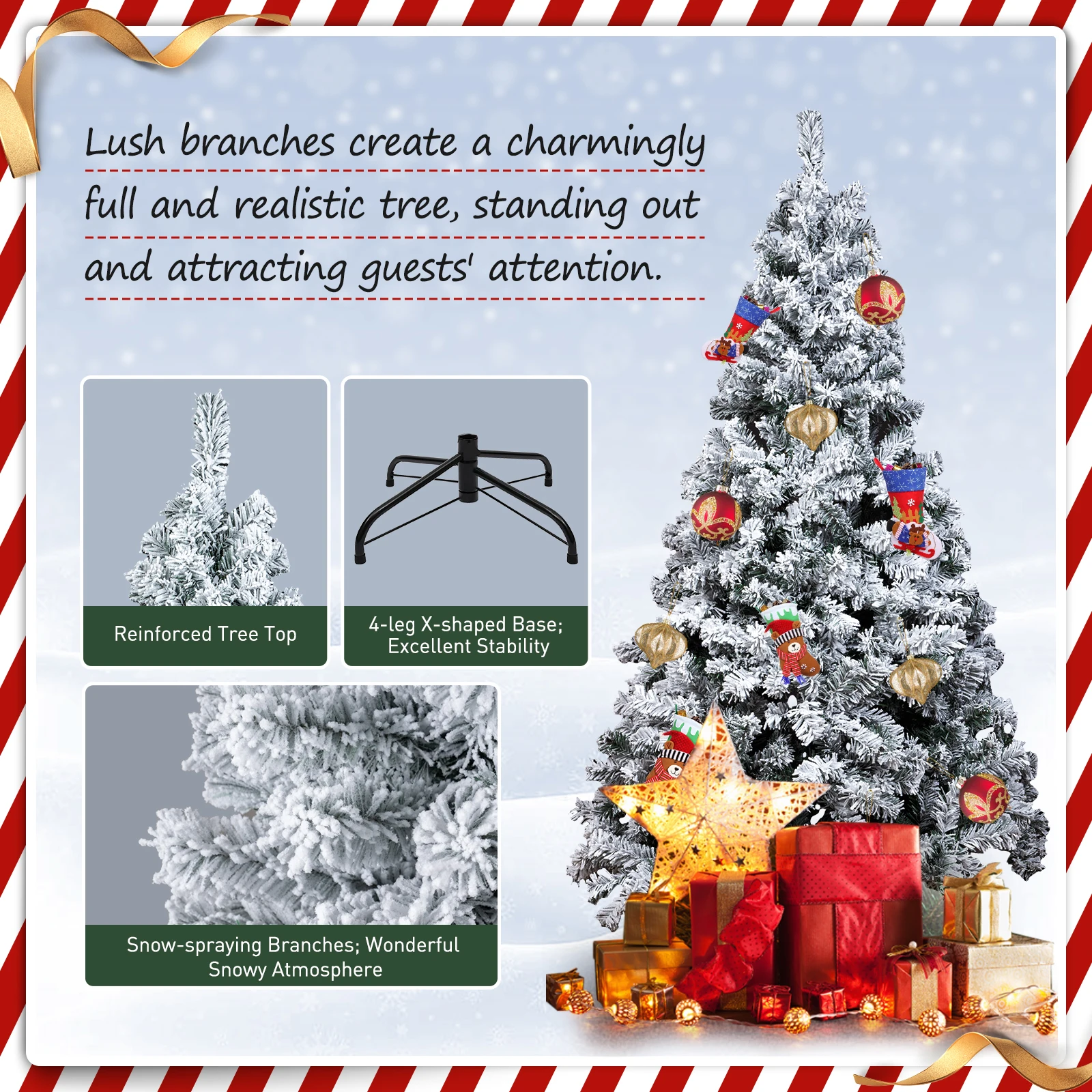 

6ft Artificial Christmas Tree Green White with 350LED Light Xmas Decoration Metal Base Holiday Decortion