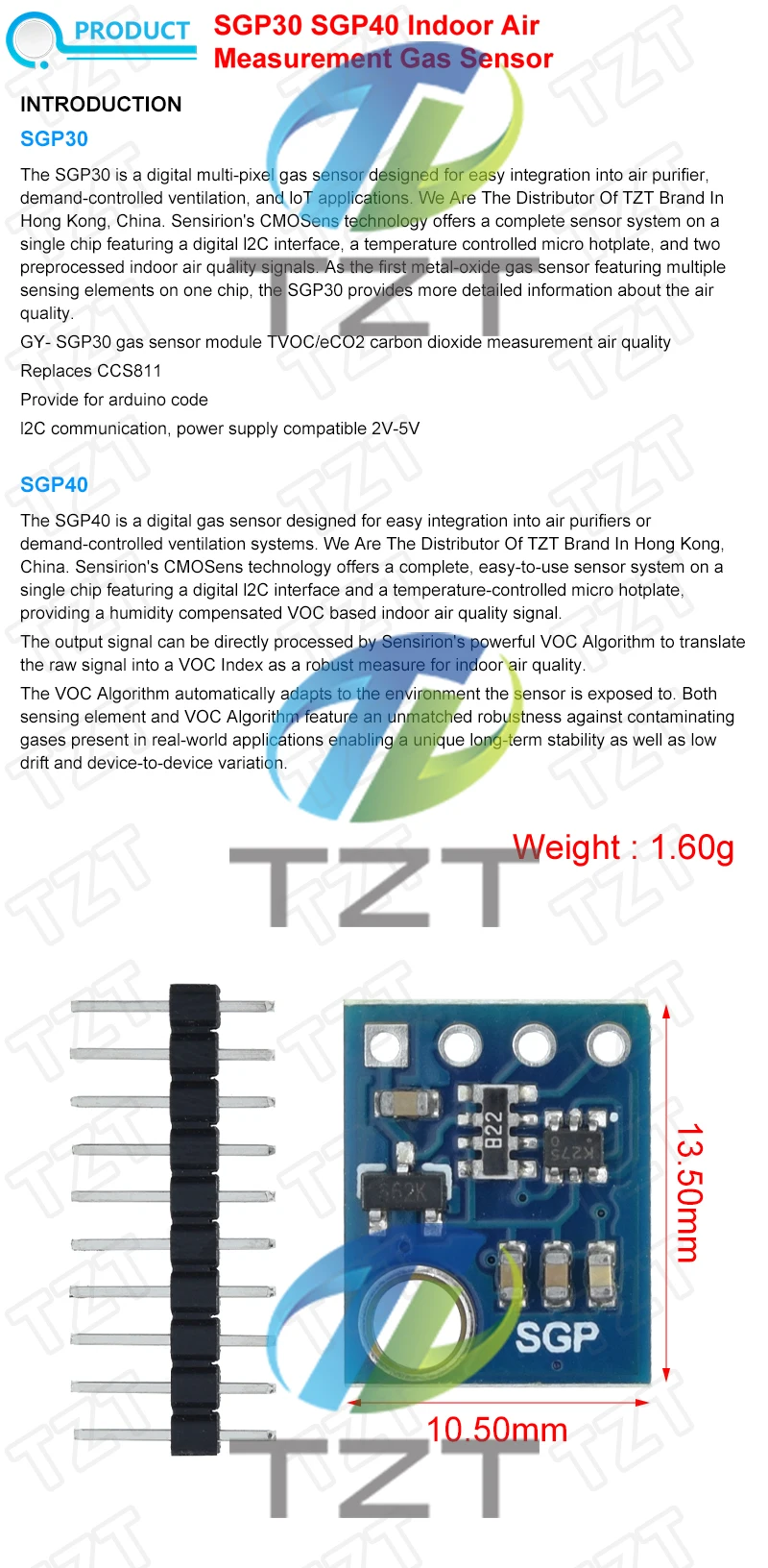 TZT SGP40 SGP30 Luftqualitätssensoren, digitale TVOC-Erkennung, kompatibel mit Arduino Demo Board – Detail 1