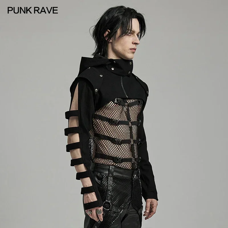 PUNK RAVE Men's Punk Sleeves Are Hollow Loop Straps Short Coat Handsome Cool Stand Up Collar Casual Mens Jacket Autumn 2