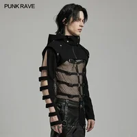 PUNK RAVE Men's Punk Sleeves Are Hollow Loop Straps Short Coat Handsome Cool Stand Up Collar Casual Mens Jacket Autumn 2