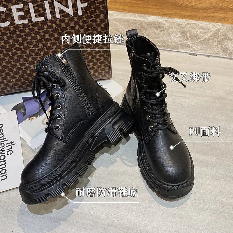 Winter New Women Ankle Boots Winter Round Toe Heel Zip and Lace Up Round Toe Platform 2022 Fashion Shoes for Woman Non-slip