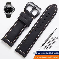 Genuine Leather Retro Matte Handmade Watch Strap - 24mm (Black - black)