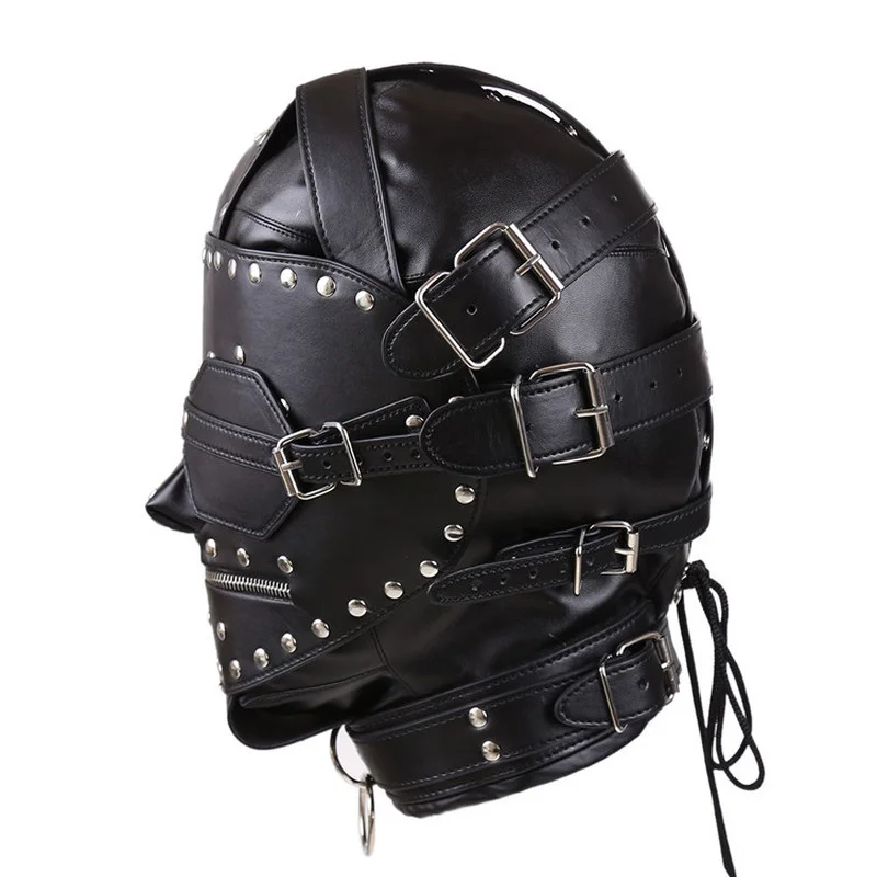 Benda imbottita in pelle SM con lucchetto, maschera con imbracatura per la testa, bondage BDSM, giocattoli sessuali per coppie_voghion.com