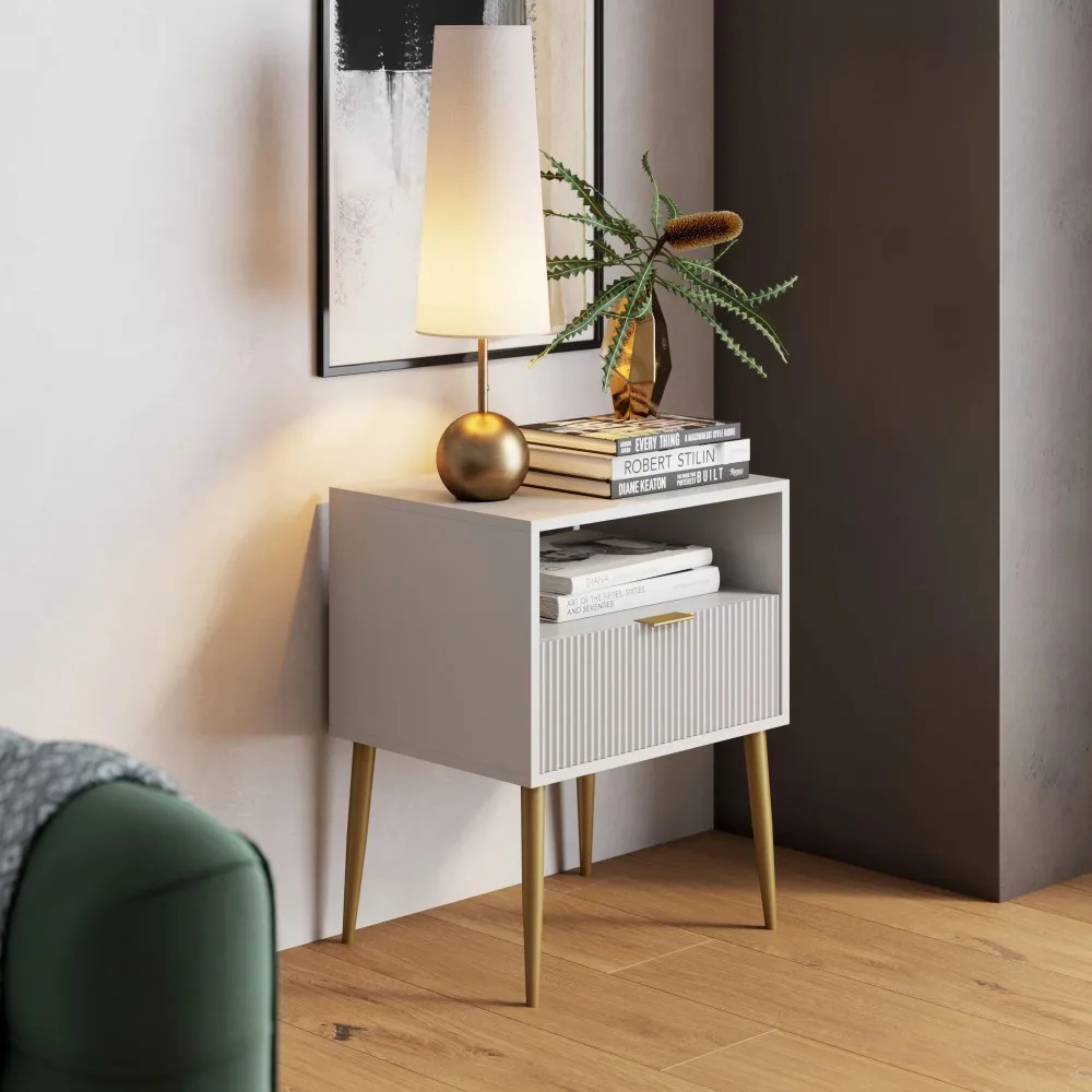 

Mid-Century Golden Legs Bedside Tables Jacklyn Modern Nightstand Bedside Table With Drawer and Shelf White/Gold Freight Free