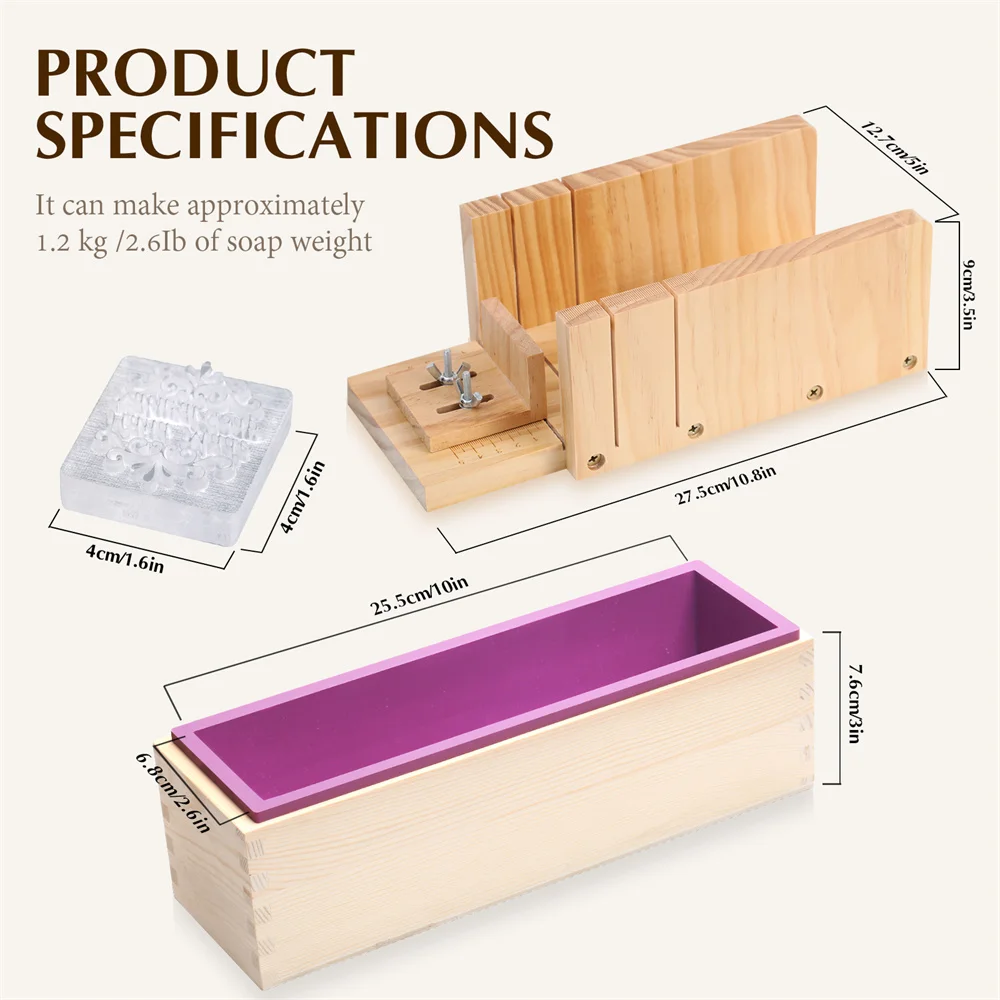 Handmade Soap Making Kit Silicone Loaf Soap Mold Adjustable Wood Cutting Box with Stainless Steel Wavy & Straight Cutter