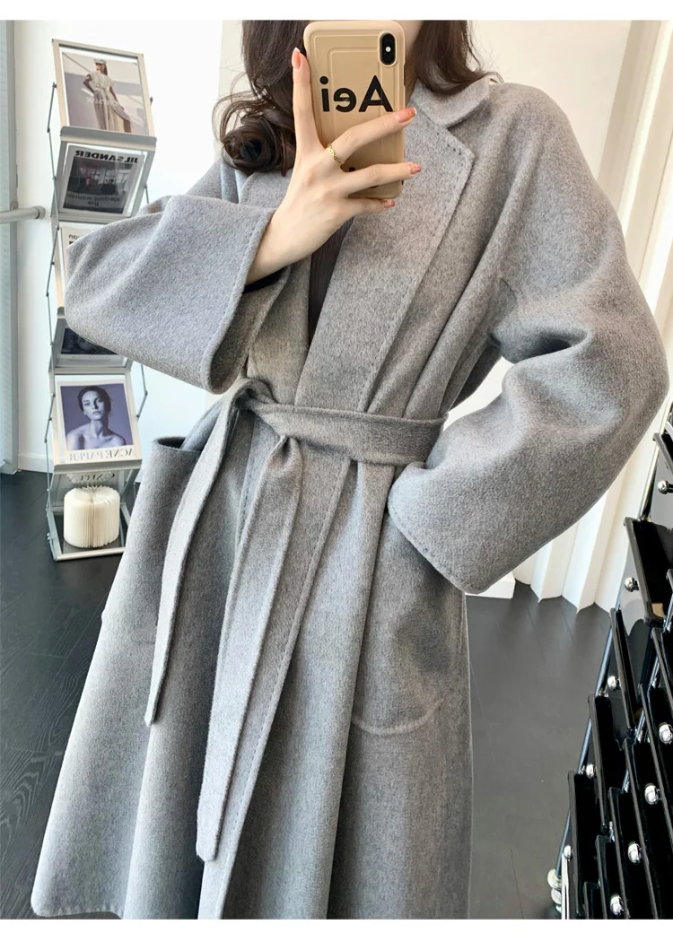 

New Women Luxury Double-sided 20% Cashmere Coat Water Ripple Bathrobe Wool Coat Long Lady High-end Warm Woolen Coat Tide Winter