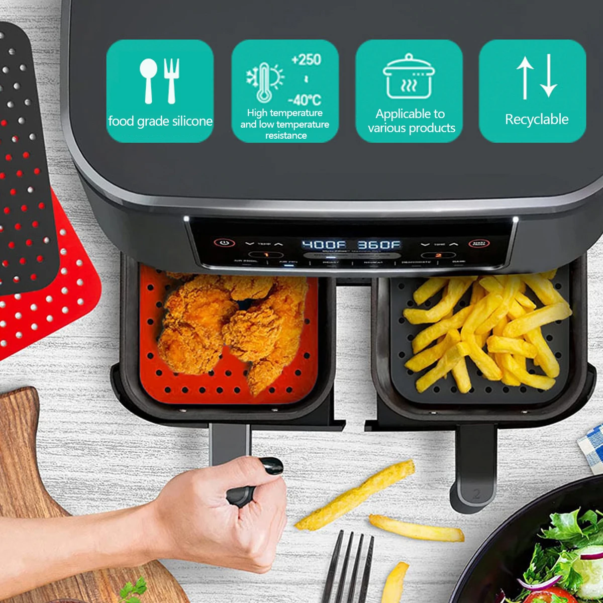 2Pcs Air Fryer Silicone Pad Set with Brush Rectangle Reusable Non-Stick Air Fryer Mat Heat-Resistant for Basket Baking Cooking silicone grill mat