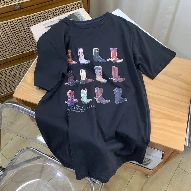 1pcs nine boots Western T-Shirt Women T Shirt Summer Loose Vintage Boho Texas T Shirt Cowgirl Cowboy Cute Graphic Tees945_voghion.com