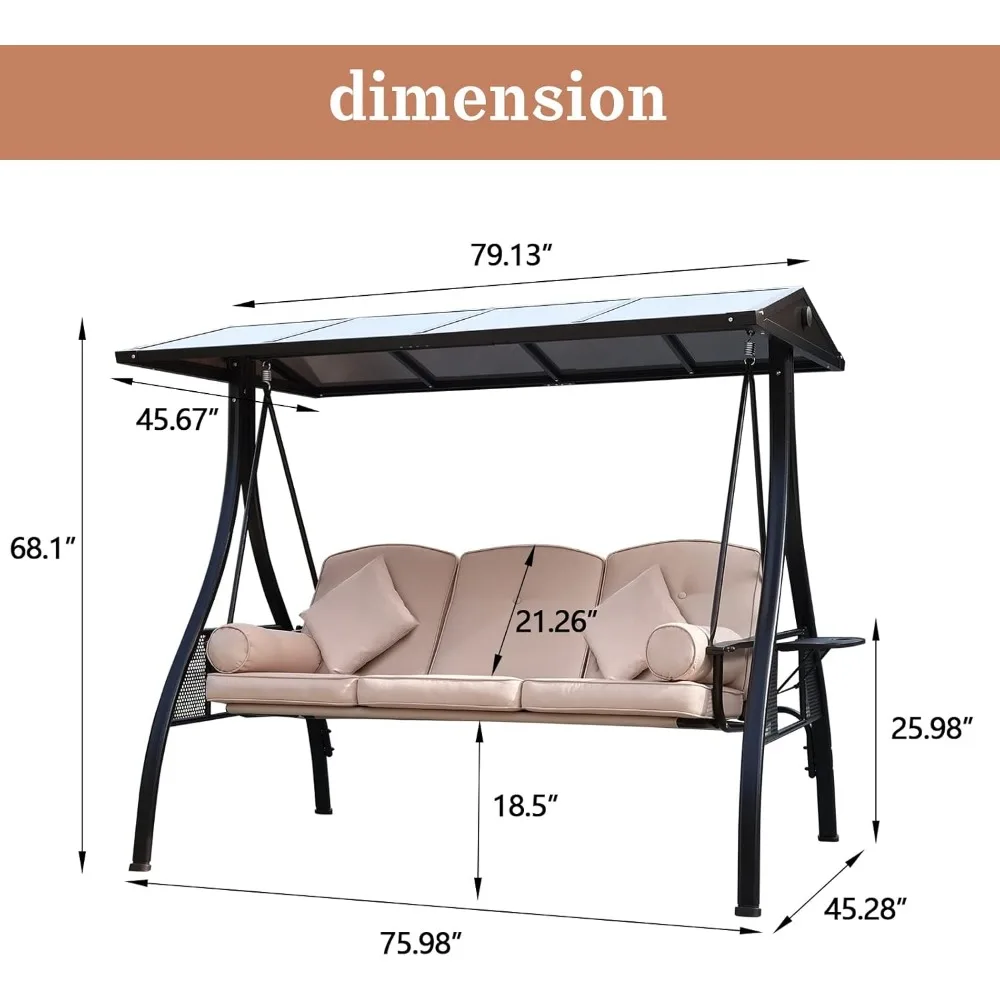 Outdoor Porch Swing with Polycarbonate Hardtop,  3 Seat Patio Swing with Convertible Backrest,  2 Side Cup Holder 5