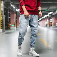 Light Blue Denim Pants for Men Trendy Loose Harem Jeans Retro Ankle-length Pants with Elastic Cuffs Cargo Pants Plus Size 5XL 2