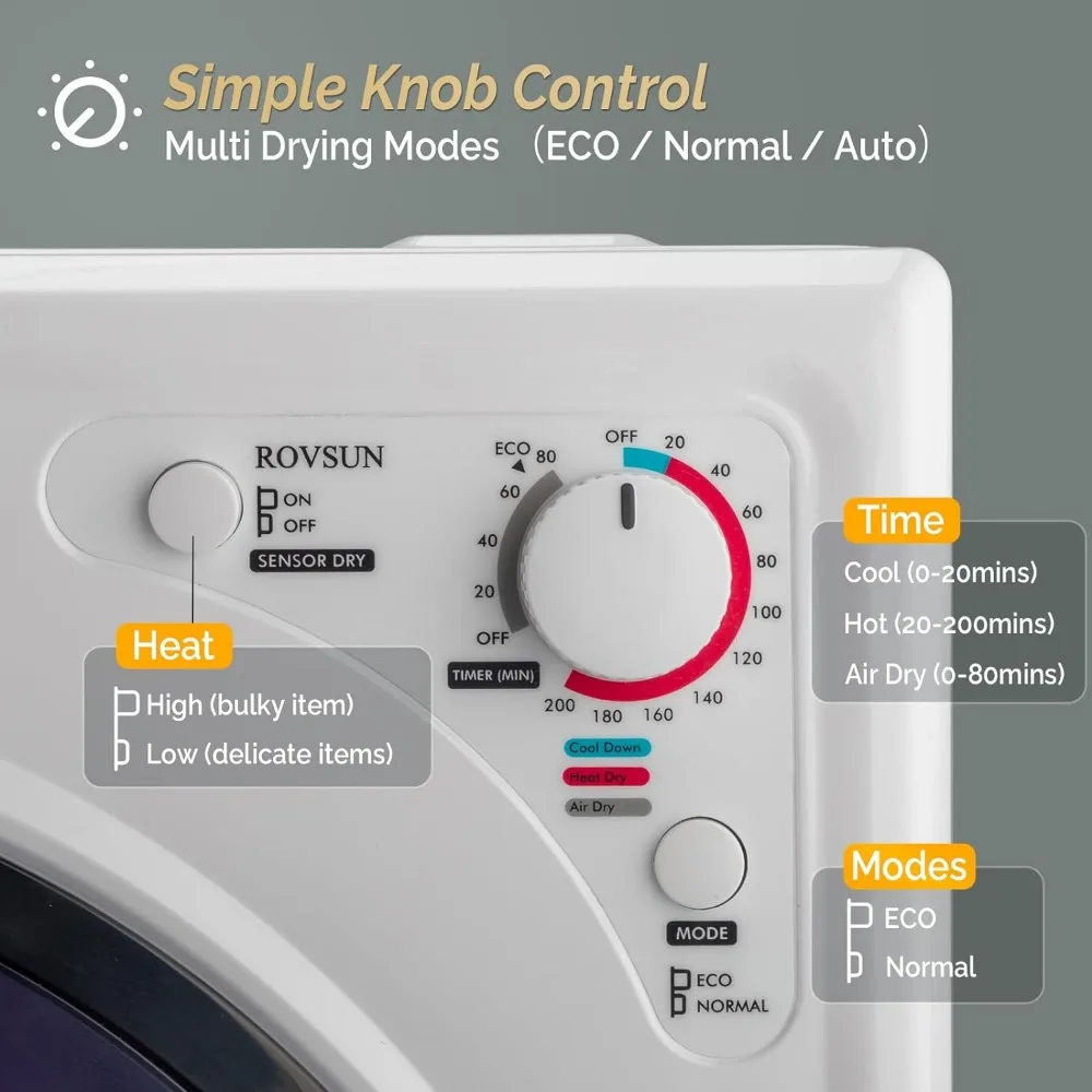Portable Clothes Dryer, Electric Compact Front Load Tumble Laundry Dryer with Stainless Steel Tub & Easy Control Knob, Home,Dorm 3