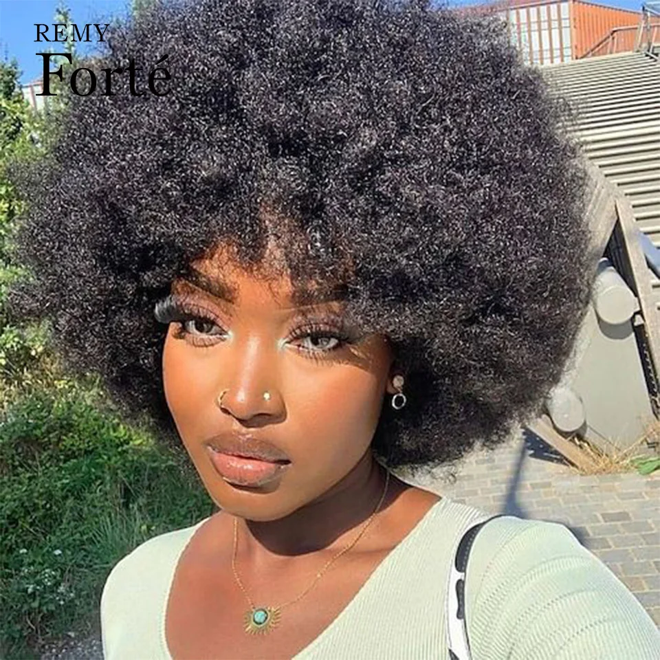 

Short Hair Afro Kinky Curly Wigs With Bangs For Black Women Ombre Fluffy Remy Brazilian Human Hair Short Sassy Human Hair Wigs