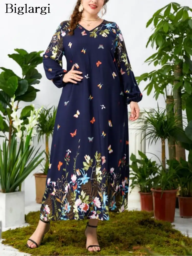 

Plus Size Autumn Long Dress Women V-Neck Fashion Butterfly Floral Print Ladies Dresses Ruffle Pleated Loose Woman Dress 2023