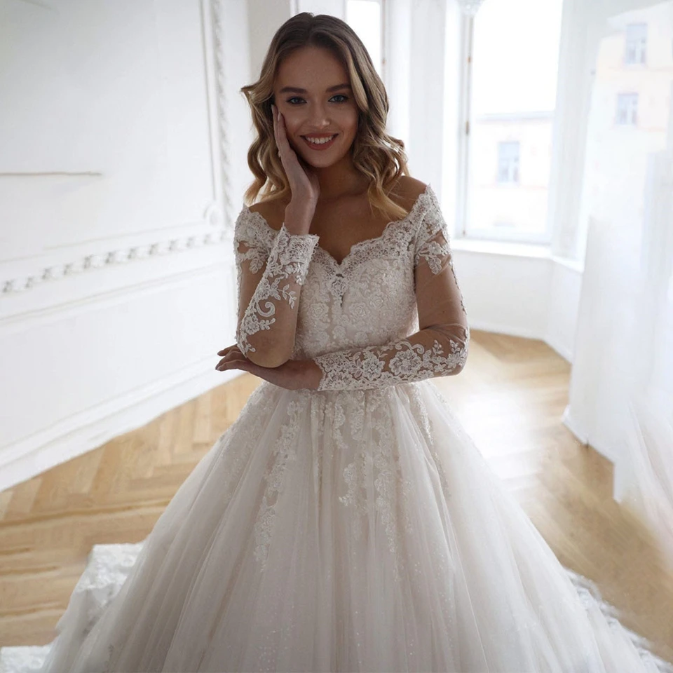 Luxuriöse elfenbeinfarbene Brautkleider mit langen Ärmeln und Herzausschnitt 2026, Prinzessin-Stil, schulterfrei, mit Spitzenapplikationen, Brautkleider, Vestido De Novia – Detail 8