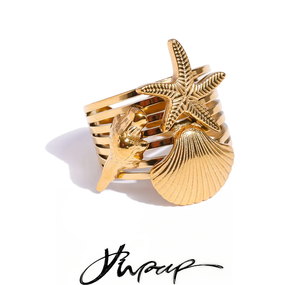 Yhpup Shell Conch Starfish Layered Open Ring for Women