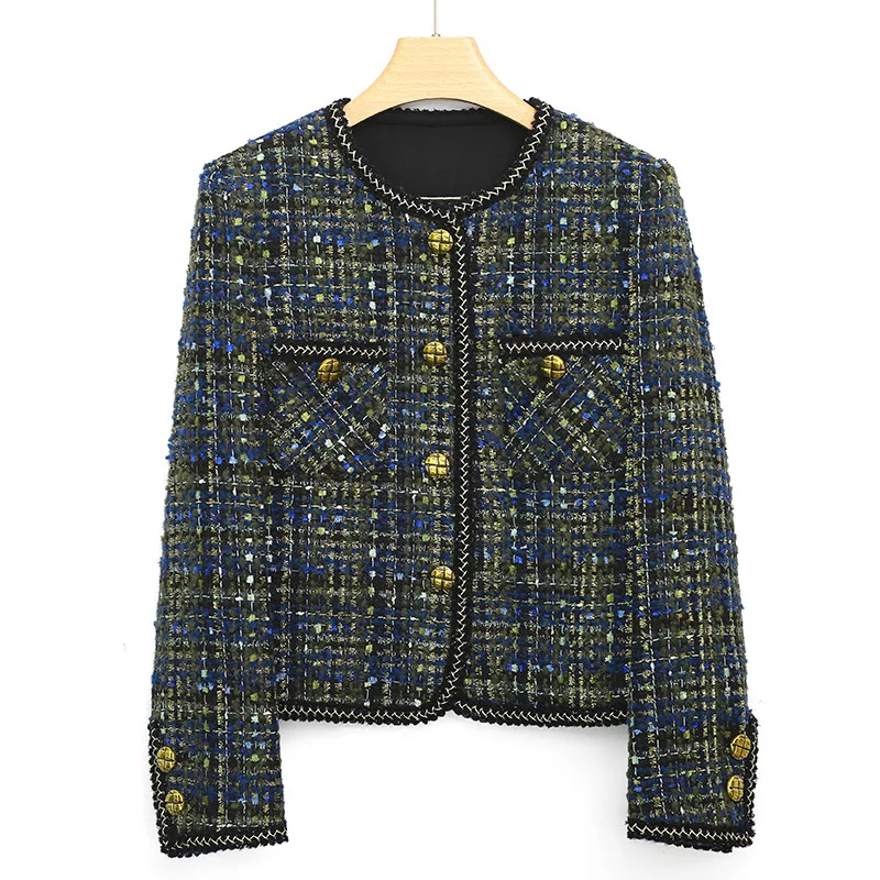 

High Quality Plaid Sequins Small Fragrance Jacket Women's O Neck Loose Casual Fashion Basic Vintage Elegant Office Tweed Jacket