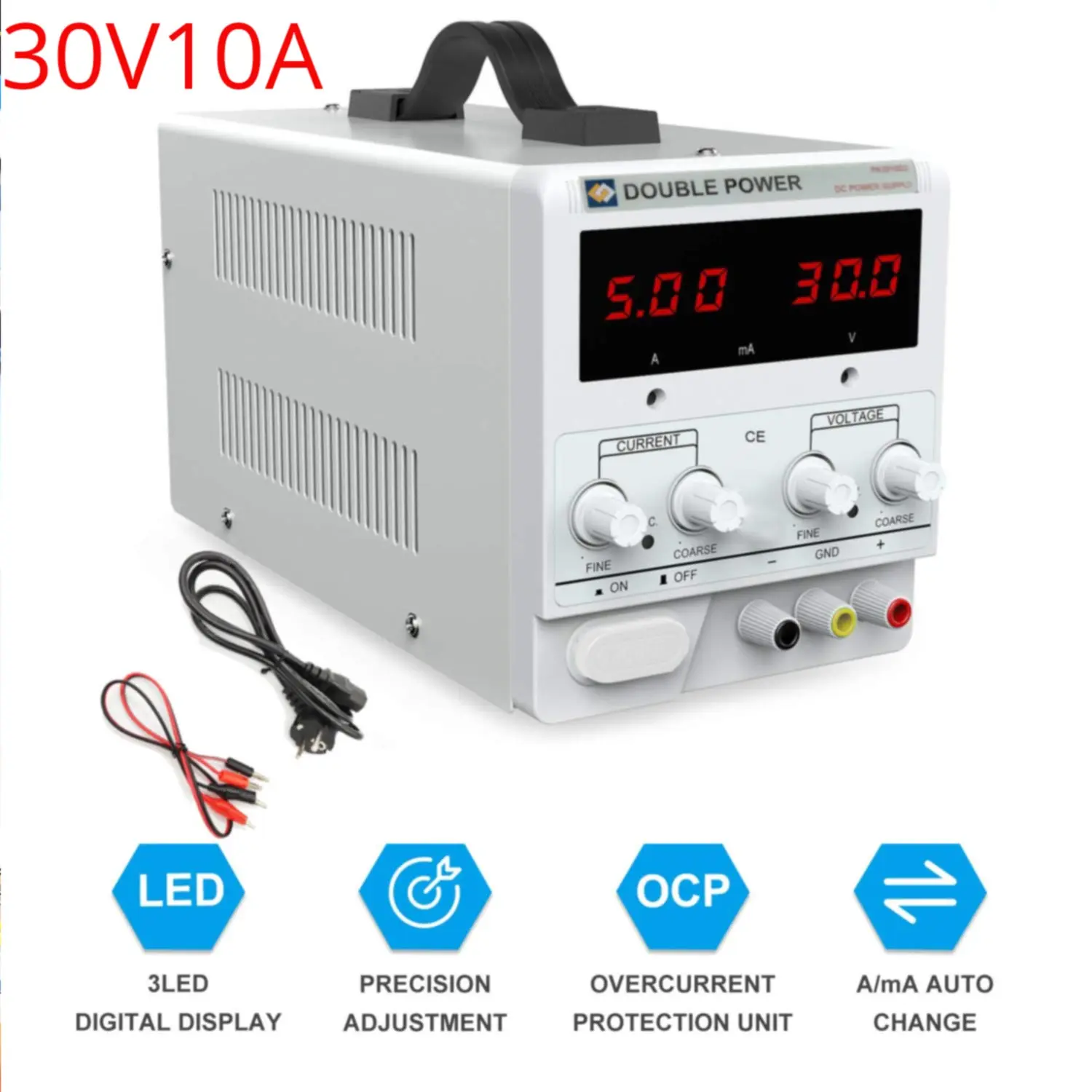 조정 가능한 3 자리 실험실 벤치 전원 공급 장치, AC 스위칭 안정화 전원 공급 장치, 악어, 220V, 30V, 10A