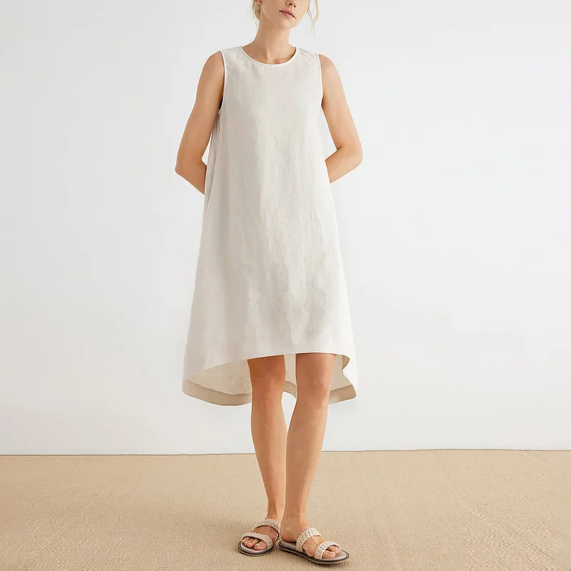 

100% Linen Women Dresses Casual Sleeveless Back Button Asymmetric Back Button Summer Dress Boho Sundress