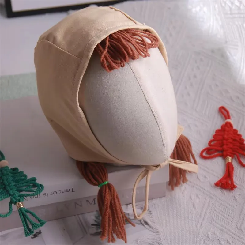 Baby Sun Hat Kids Bonnet Cap Palace Style Cosplay Autumn Infant Baby Girl Princess Hat Khaki Hair Braid Wig Cap Headbands Children Kids Girls