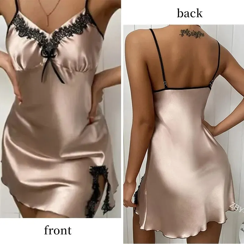 Summer Women Pajamas Deep V Sexy Sleeveless Lace Side Slightly Open Sling Straps Solid Color Dress Pajamas women pajamas
