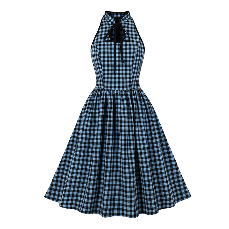 

2023 Women Summer Sexy Halter Plaid Printed Casual Vintage retro 50s 60s Party Skater Swing dress