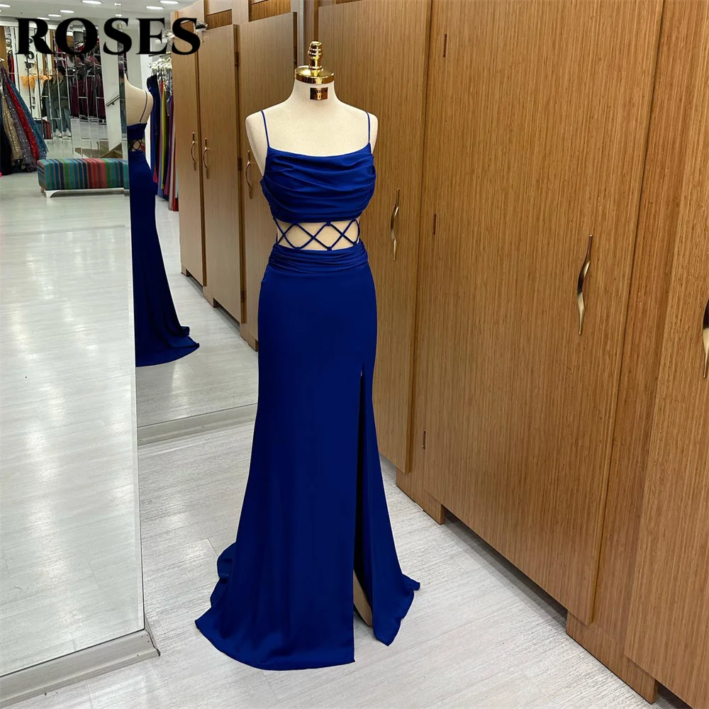 

ROSES Royal Blue Mermaid Prom Dress Criss Cross Celebrity Dresses Spaghetti Strap Women's Evening Dress Stain Formal Gown 프롬 드레스