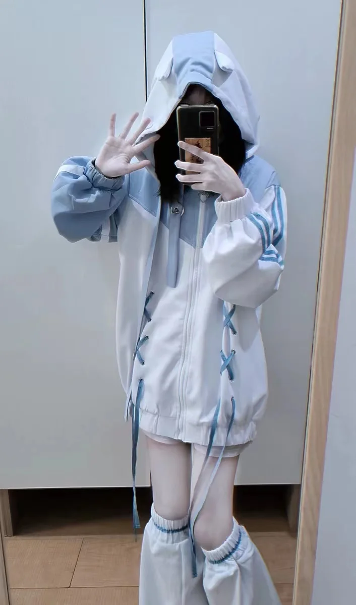 Asian Culture Y2k Soft Girl Mine Series Blue Hooded Sweatshirt Jacket Women's Japanese College Style Lace-up Zipper Hoodie Coat