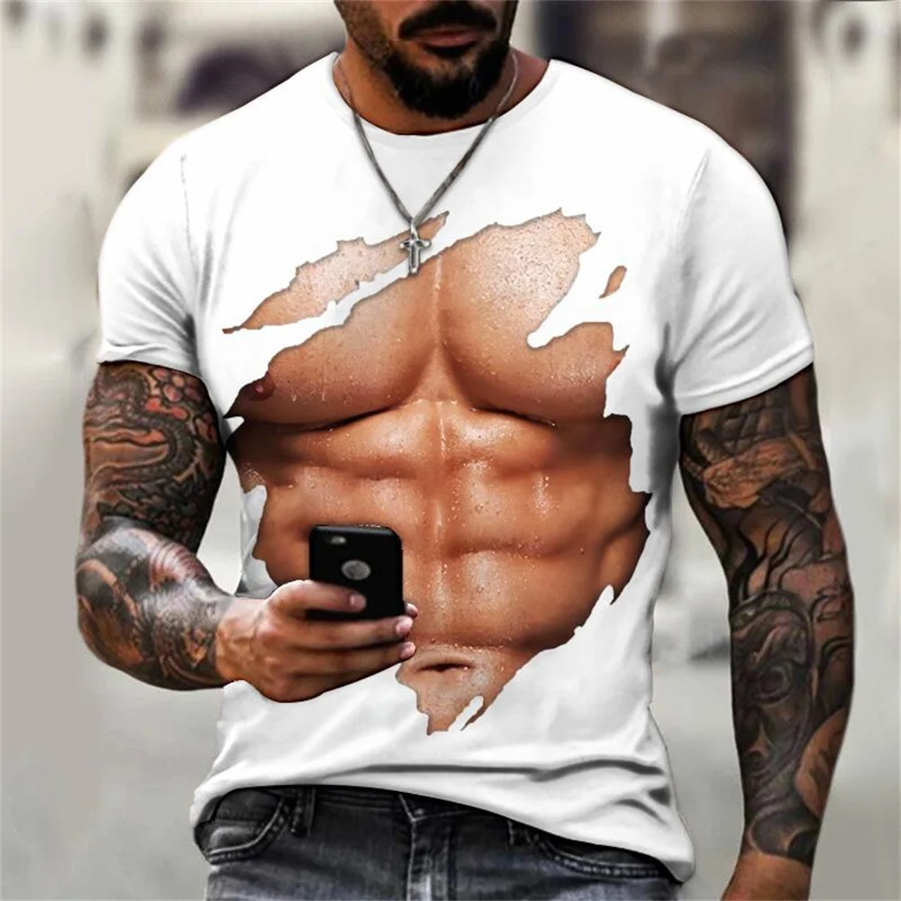 Men 3D Muscle Tattoo Print T-Shirt Short Sleeve Digital Printing T Shirt US