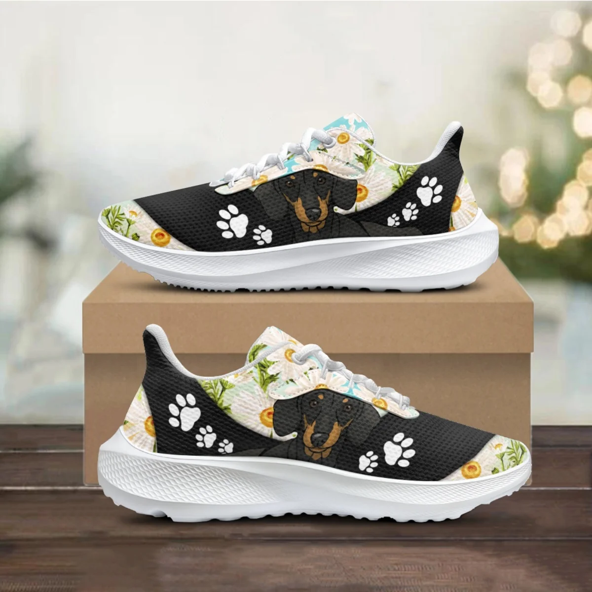 

Sunflower Puppy Flower Print Design Comfort Running Shoes Poodle Pattern Stylish Lace-up Sneakers Ladies Breathable Walking Shoe