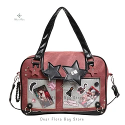 Trendy Y2K Star Ita Bag with Transparent Pocket - Cute Lolita Fashion Crossbody Shoulder Bag - 37x27x8cm with board (Burgundy B)