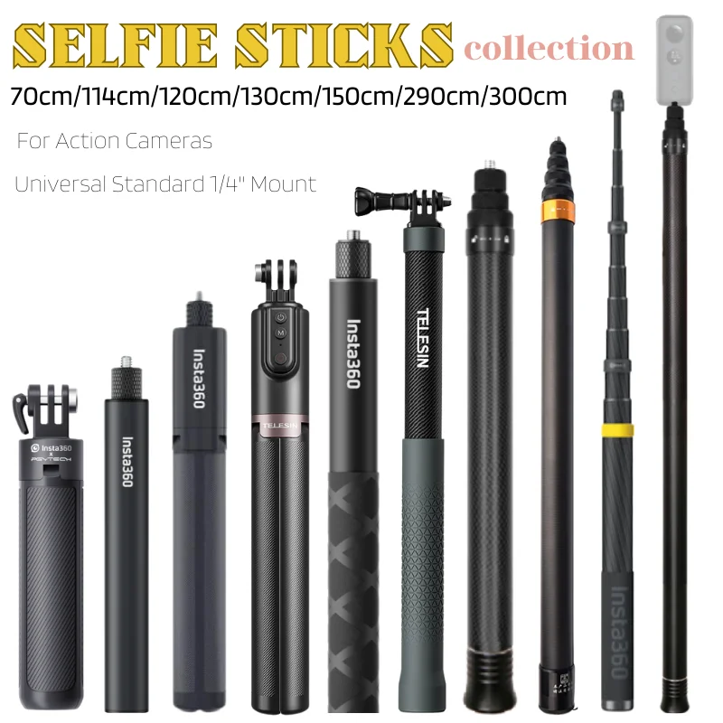 Selfie Stick Monopod Extensible Rod Wand Pole Allumium Carbon Fiber  Invisible 70cm 80cm 120cm 3m For Insta360 GoPro Action Cam